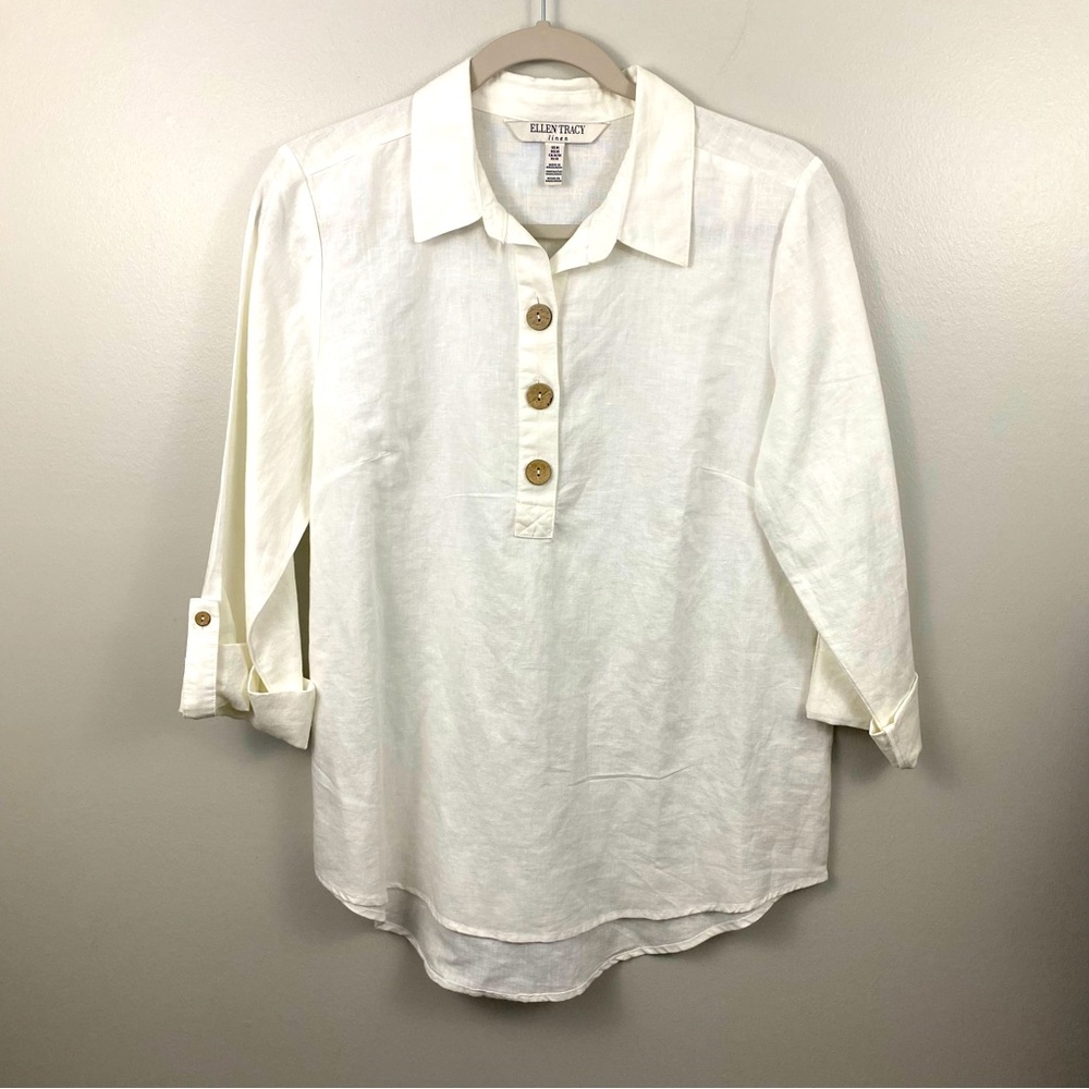 Ellen Tracy Linen Size Medium White Button-Up Popover Top Roll Tab Sleeve